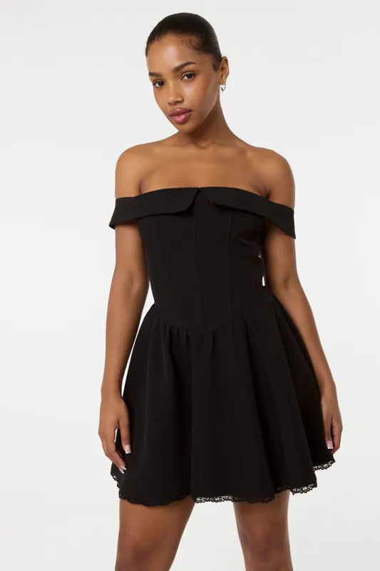 Black Off The Shoulder Mini Dress With Boning - Pink Vanilla
