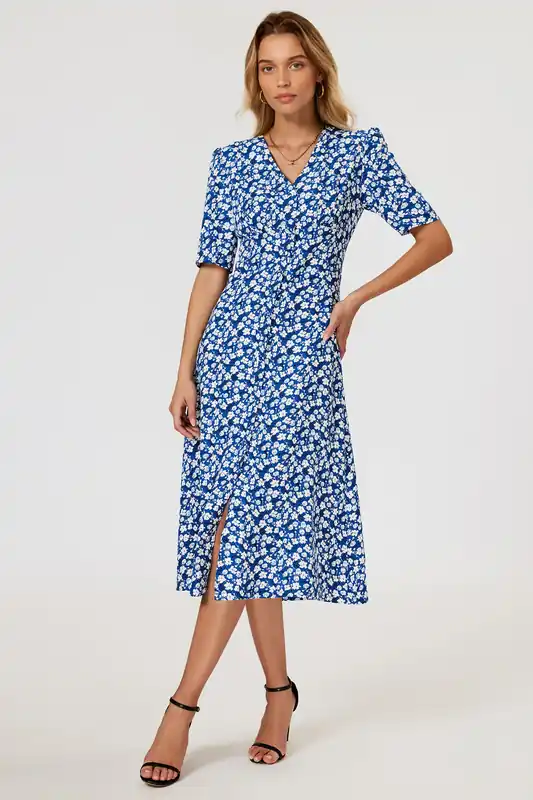 Floral Print Button Front Midi Dress In Blue - FS Collection