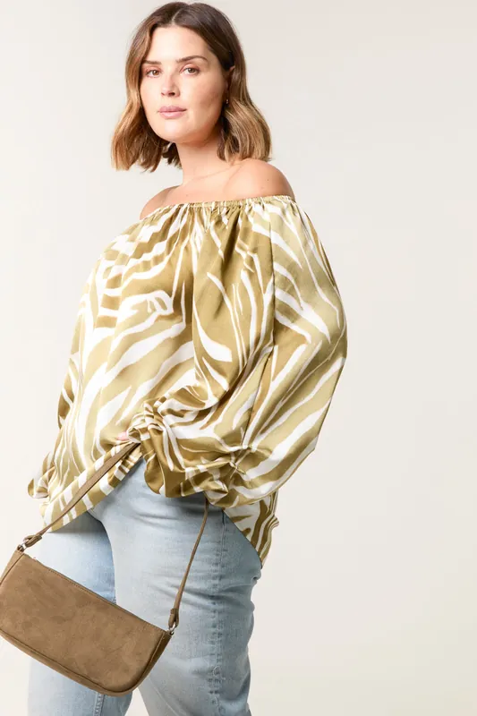 Khaki Curve Zebra Satin Ruched Bardot Top - Blue Vanilla