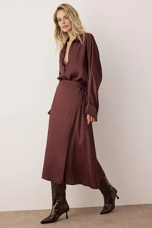 Wrap Front Woven Satin Midi Skirt - WOVCOR