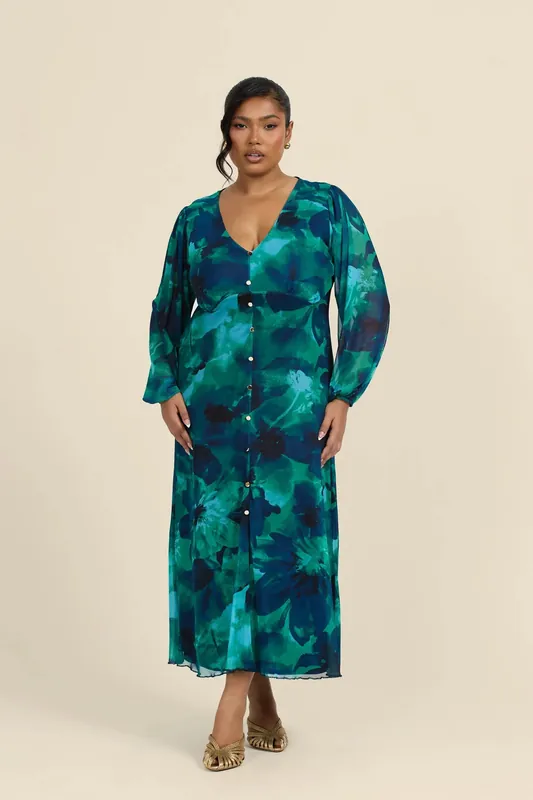 Curve Abstract Floral Button Front Midi Dress - FASHION-SZN