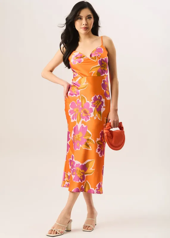Orange Floral Print Cowl Neck Slip Midi Dress - Gini London