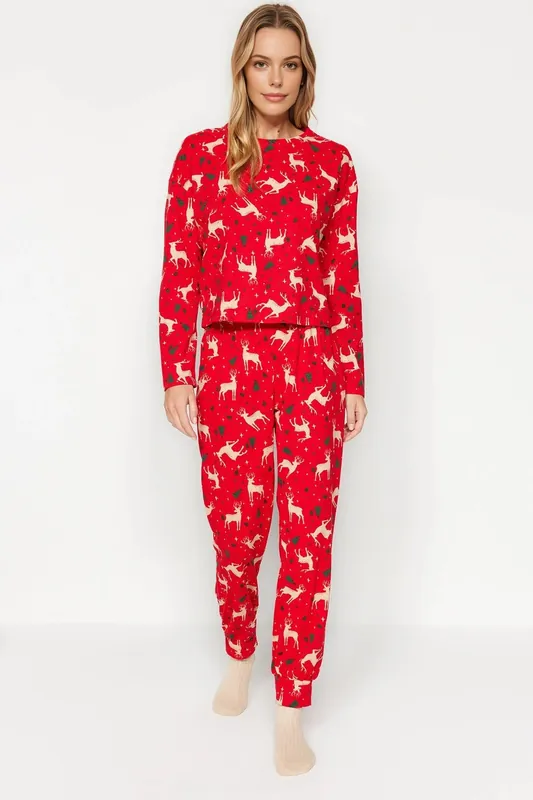 Reindeer Print Long Sleeve Top & Jogger Pyjama Set - WOVCOR
