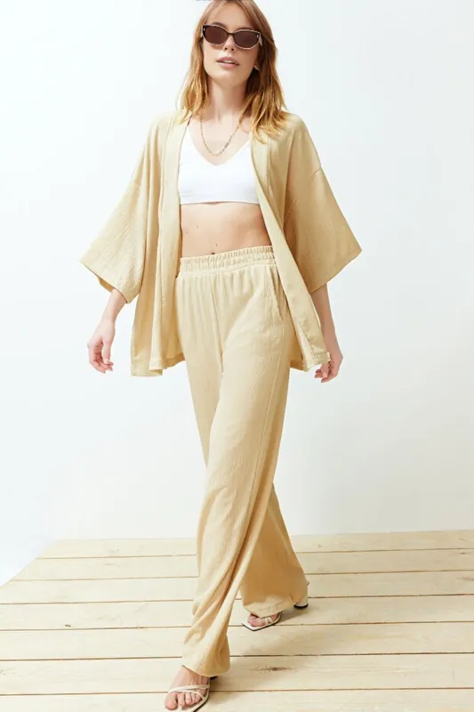 Two-Piece Kimono Set – Relaxed Fit Knit Top & Wide-Leg Pants