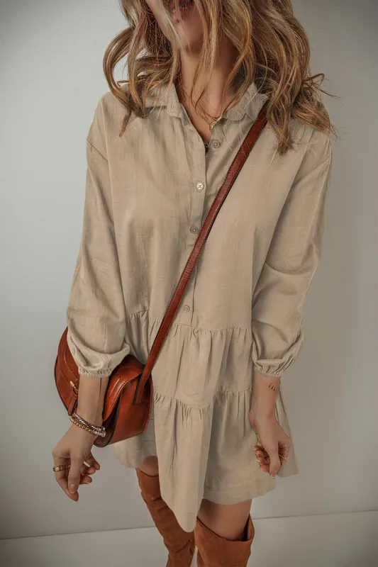 Tan Puff Sleeve Buttoned Tiered Pleated Shirt Mini Dress - Everyday The Label