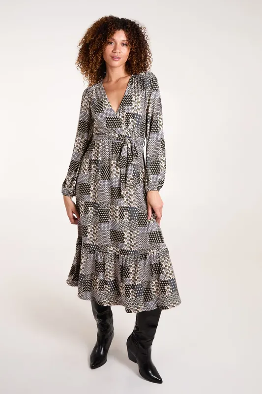 Geometric Wrap Front Belted Midi Dress - Blue Vanilla