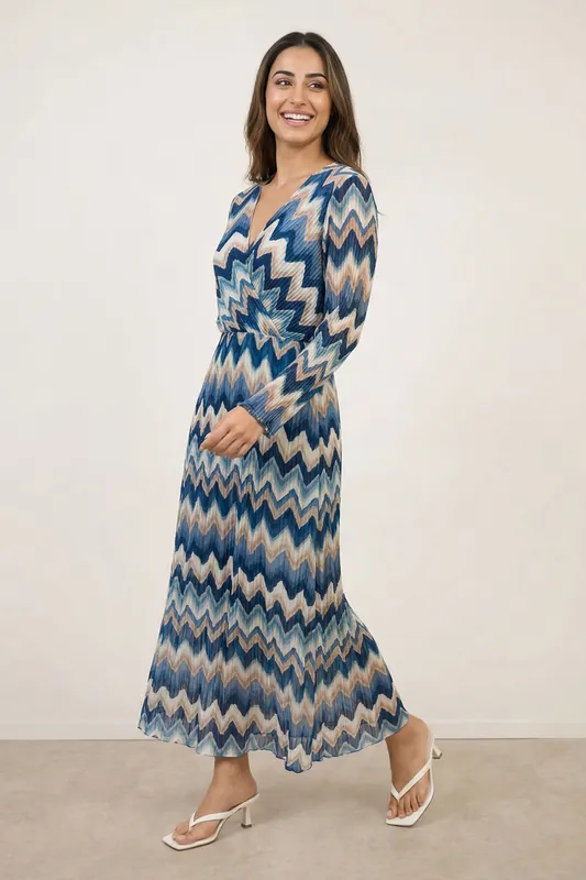 Blue Pleated Zig Zag Print Dress - Blue Vanilla