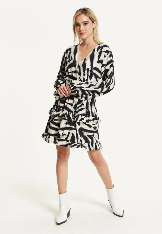 Black Grey Zebra Print Wrap Dress - Liquorish