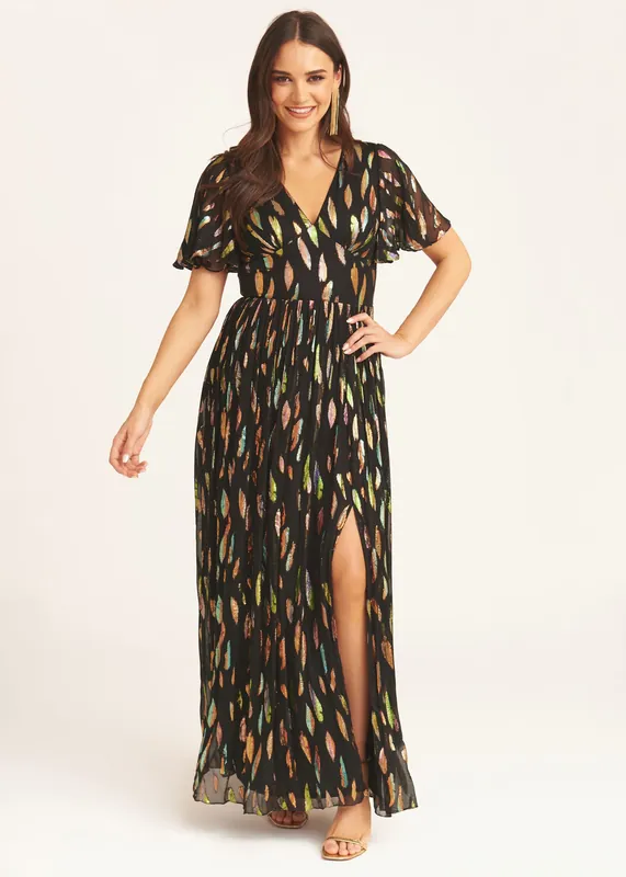 Black Multi Jacquard Angel Sleeves Maxi Dress - Gini London