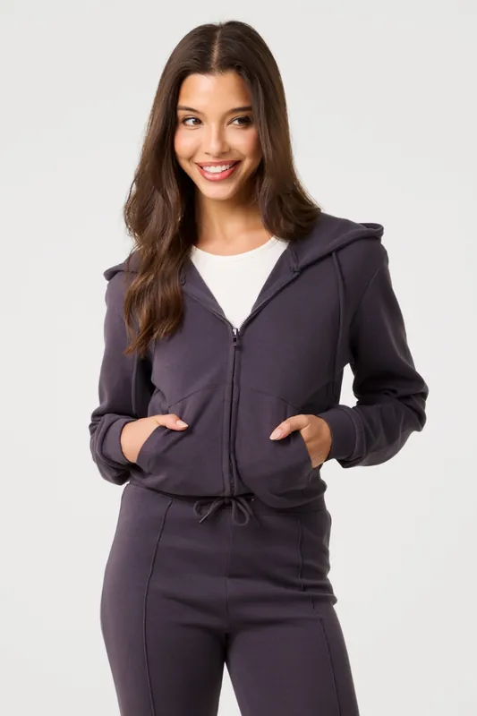 Dark Grey Zip Up Cropped Hoodie - Pink Vanilla