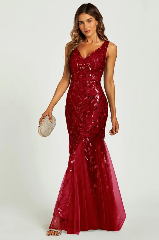 Sequin Leaf Detailed V Neck Bridesmaid Maxi Dress In Wine - FS Collection