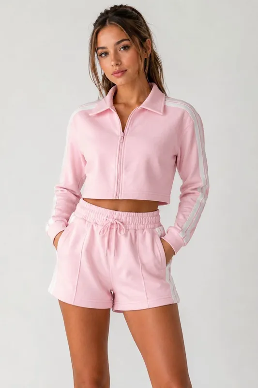 2 Pack Side Stripe Top and Drawstring Shorts Set - Fleece - Co-ord - L
