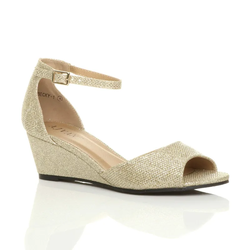 Mid Wedge Heel Ankle Strap Glitter Sandals - AJVANI