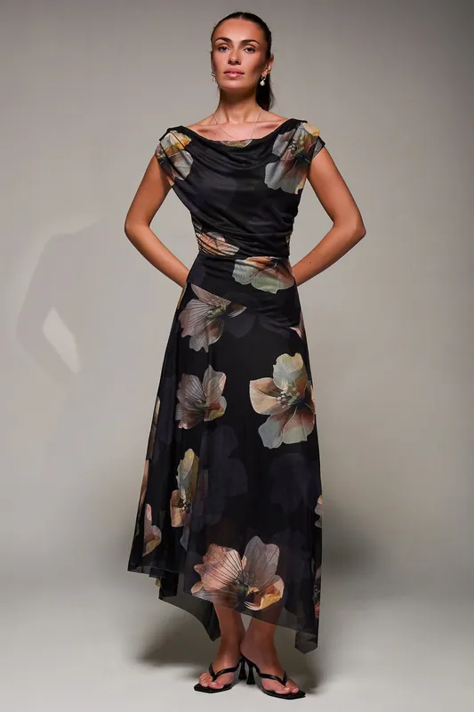 Mesh Asymmetrical Draped Maxi Dress - Jolie Moi