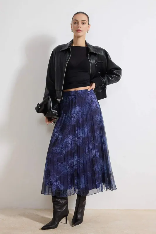 Printed Pleated Mesh Midi Skirt - WOVCOR