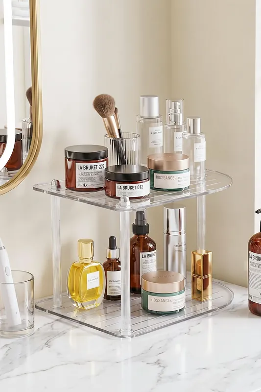 2 Tier Countertop Corner Organizer Shelf Acrylic Clear Bathroom Organizer - SHEONLY
