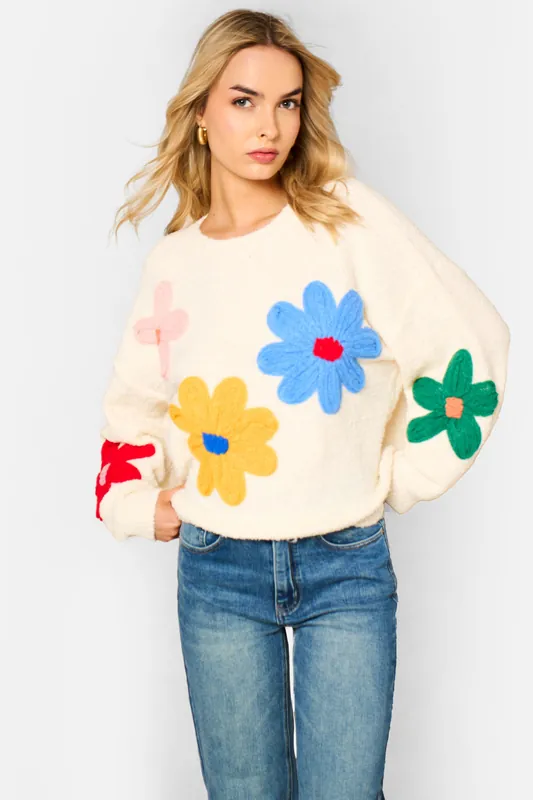 Cream 3D Flower Crochet Knitted Jumper - Gini London