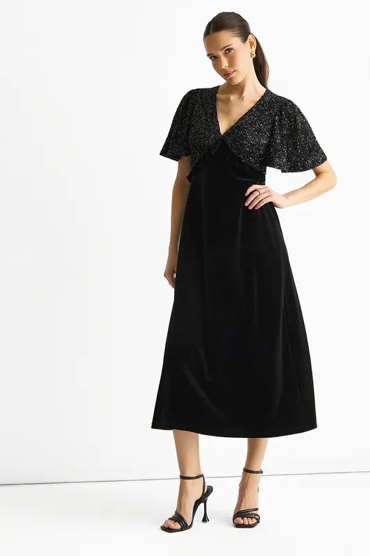 Black Sequin Top Premium Velvet Occasion Midi Dress - Gini London