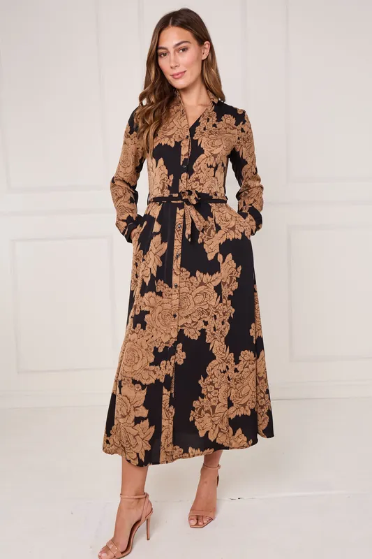 Black and Camel Rose Print Maxi Shirt Dress - Love Sunshine