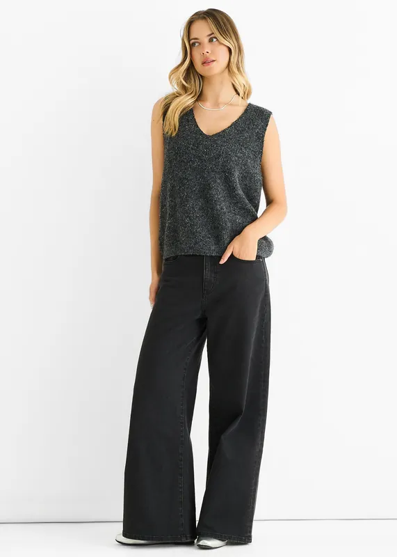 Grey Sequin Sparkle V Neck Vest Knit Jumper - Gini London
