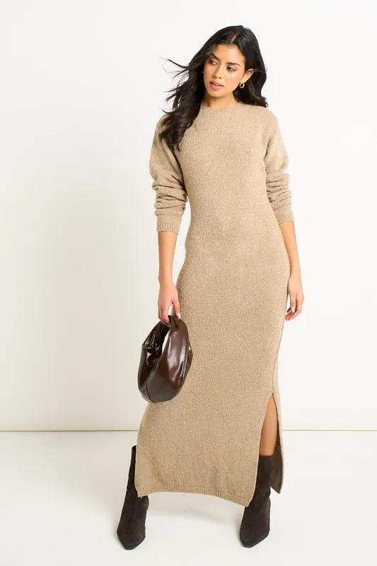 Oatmeal Jersey Boucle Bodycon Maxi Dress - Gini London