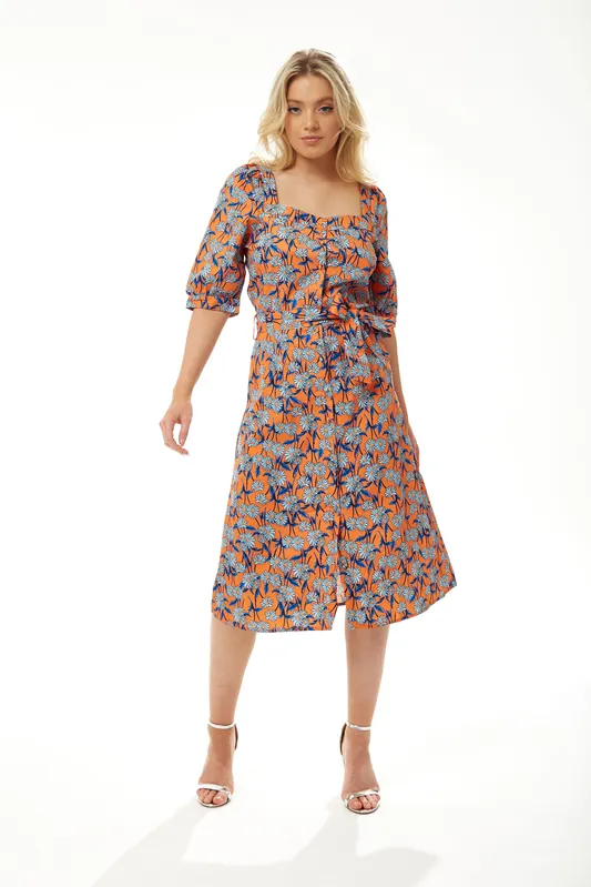 Orange Floral Midi Dress with Waist Tie - Liquorish