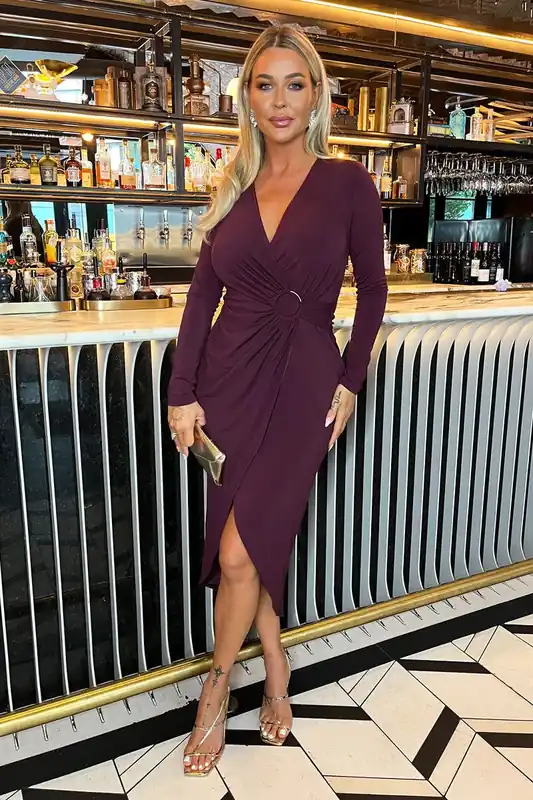 Dark Plum Long Sleeve Ring Detail Wrap Midi Dress - AX Paris