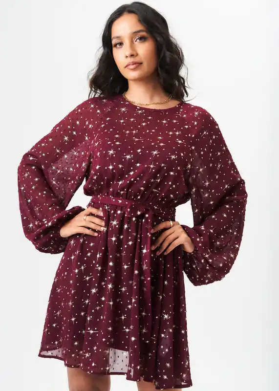 Burgundy Star Print Long Sleeve Mini Dress - Gini London