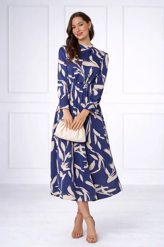 Blue Brushstroke Print Pleated Skirt Satin Maxi Dress - Love Sunshine