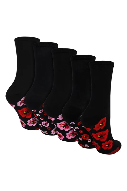 5 Pairs Poppy Footbed Socks - Soft Cotton Rich Floral Everyday Socks