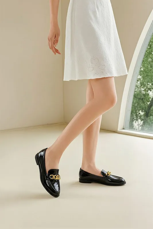 Casual Closed Toe Slip-on Chain Loafers with Low Heel
