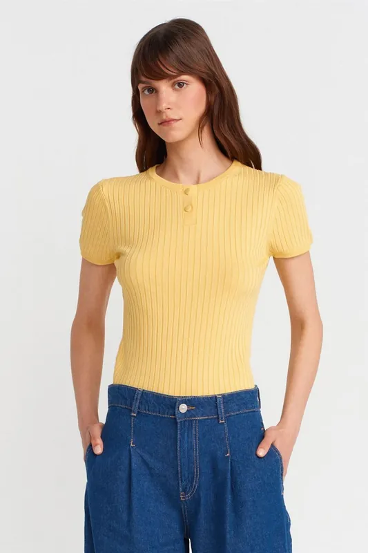 Ribbed Short-Sleeve Button Blouse