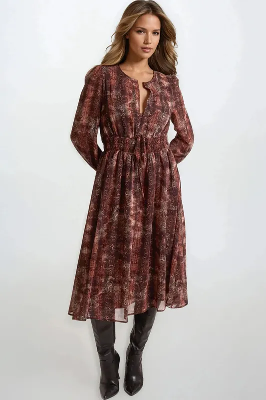 Snake Print Long Sleeve Midi Dress - Aftershock London