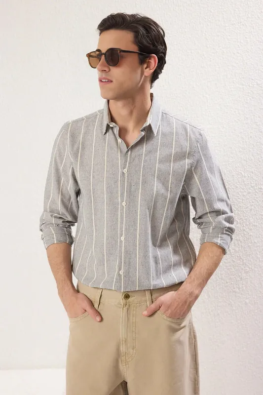 Striped Linen-Look Long Sleeve Button-Up Shirt