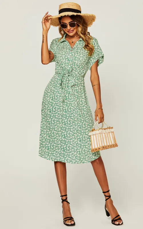 Relaxed Floral Print Button Down Midi Shirt Dress - FS Collection