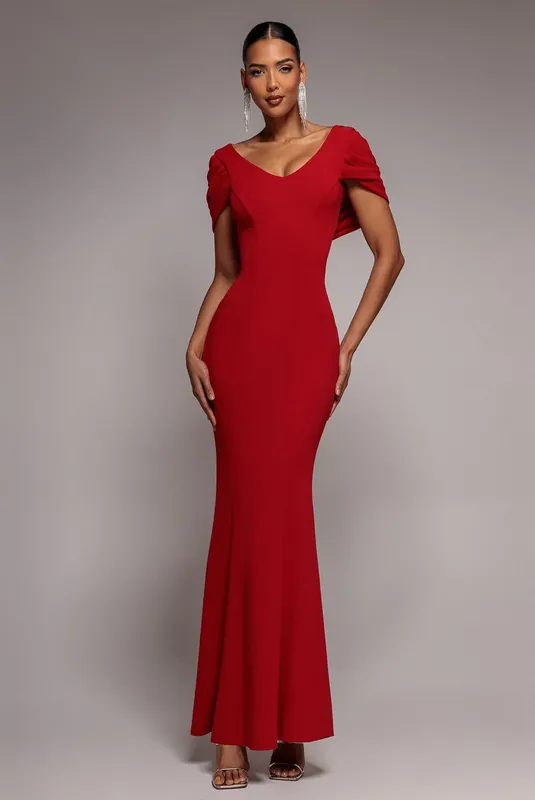 V Neck Cowl Back Pleated Sleeve Scuba Maxi Dress - Goddiva