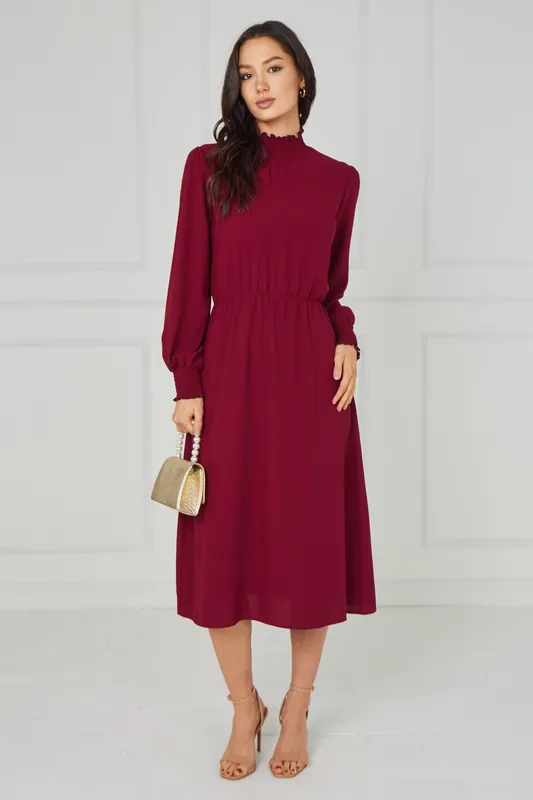 Ruby Red Shirred High Neck Midaxi Dress - Love Sunshine