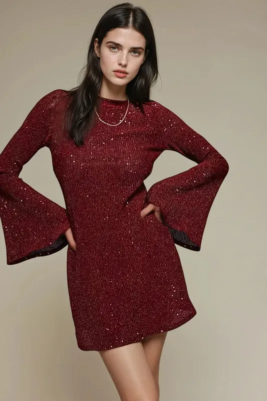 Burgundy Mini Sequin Dress with Angel Arms - Hiccup