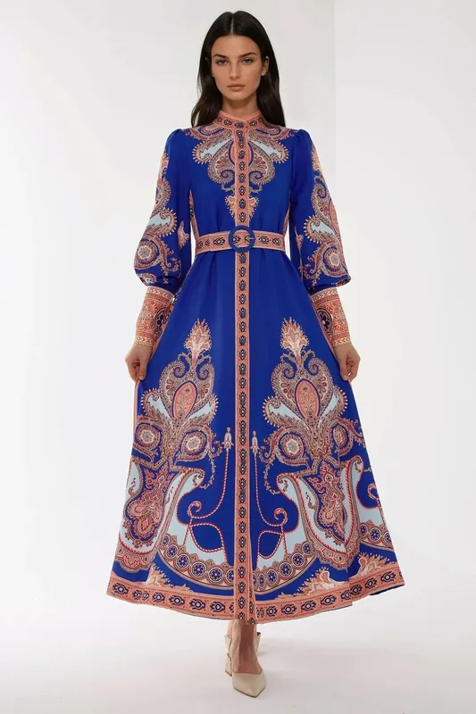 Printed Long Sleeve Maxi Dress with Belt - Hiccup