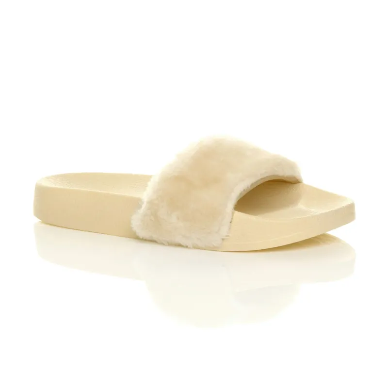 Flat Heel Faux Fur Flip Flop Sandals Sliders - AJVANI