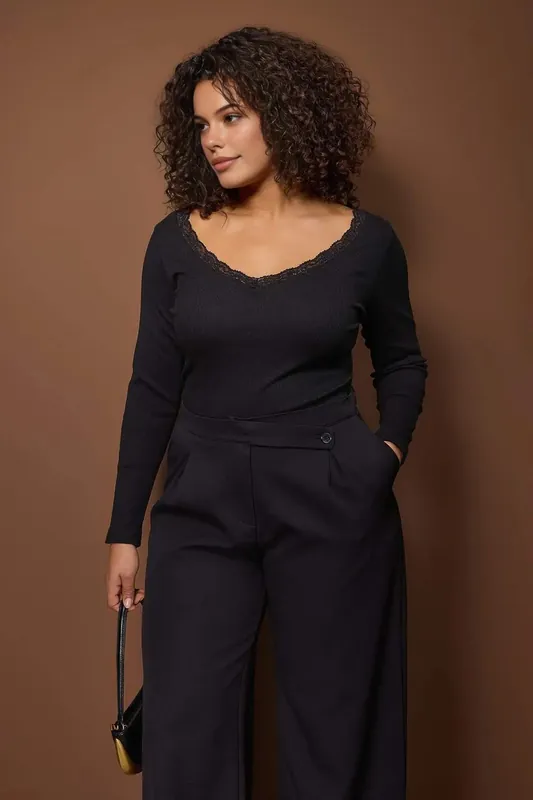 Lace Trim Ribbed Long Sleeve Fitted Top - WOVCOR