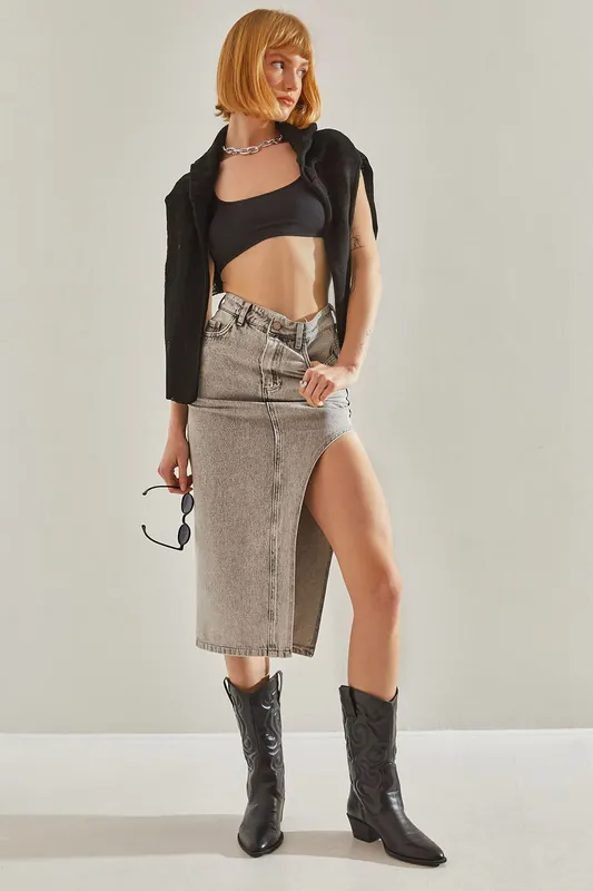 High Waist Slit Midi Denim Skirt - Bianco Lucci