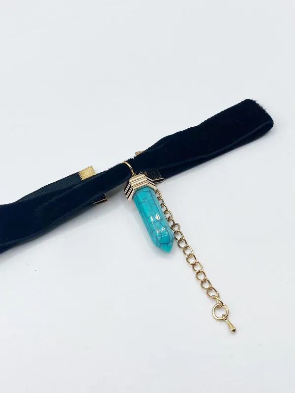 Faux Velvet Choker With Turquoise Stone Charm - SVNX