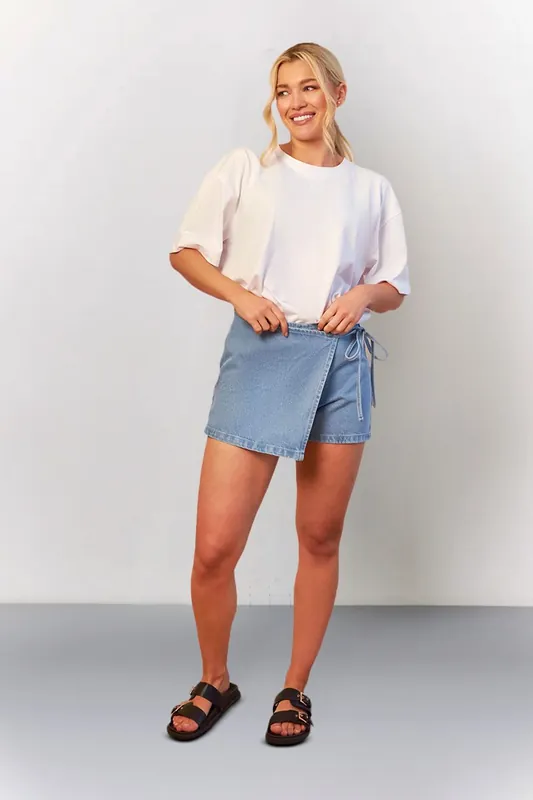 Mid Blue Tie Side Denim Skort - In The Style