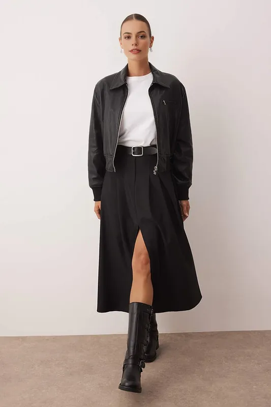 A-Line Woven Maxi Skirt with Front Slit