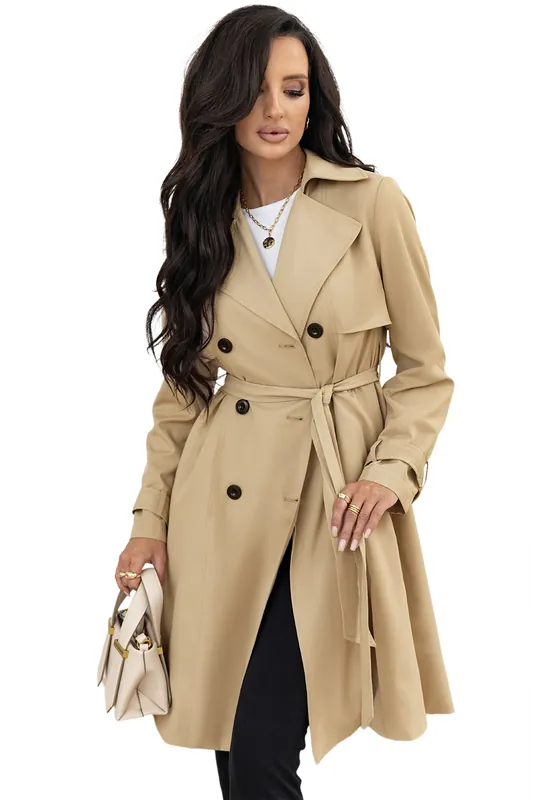 Pale Khaki Solid Color Lapel Collar Waist Tie Wind Coat - Everyday The Label