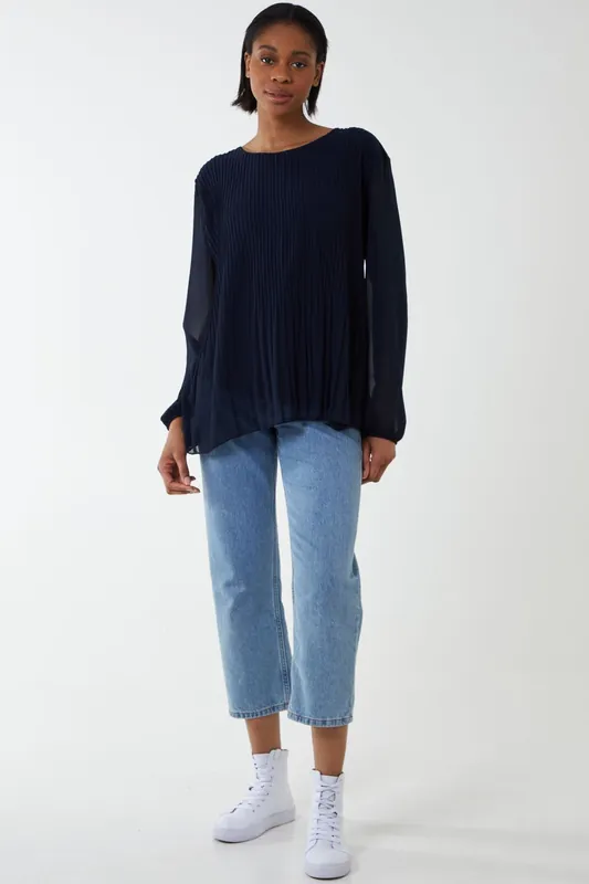 Long Sleeve Pleated Top - Blue Vanilla