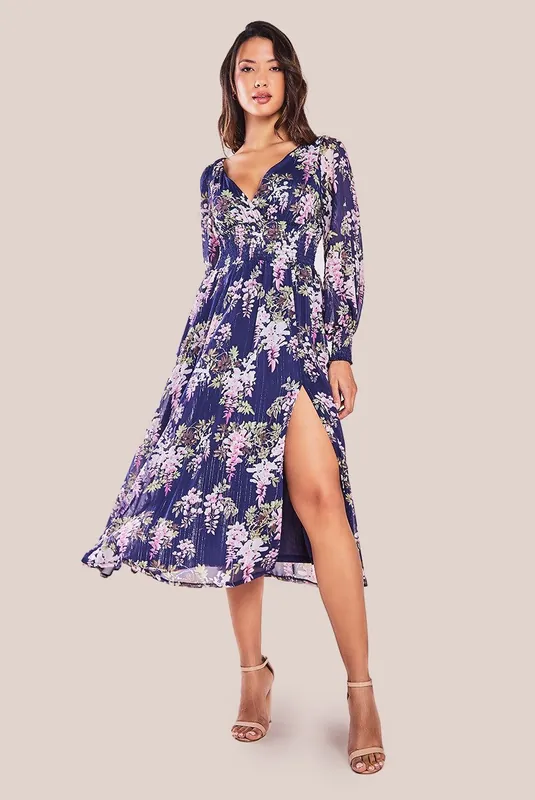 Printed Lurex Chiffon Long Sleeve Midi Dress - Goddiva