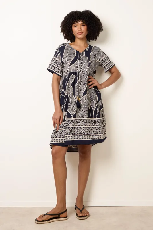 Navy Dress With Tropical Leaf Print - Blue Vanilla