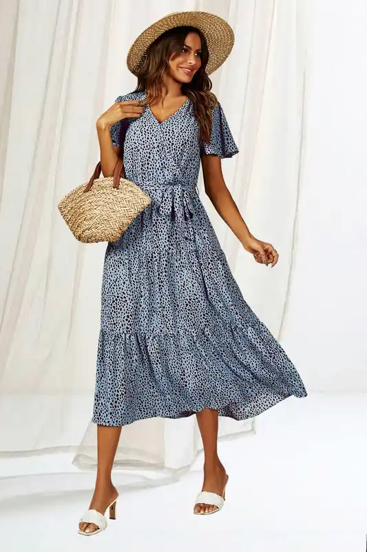 Leopard Print Hem Tiered Wrap Midi Dress In Blue - FS Collection